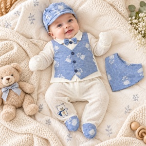 Set bebe baiat din muselina 5 piese cu vesta integrata si accesorii bleu