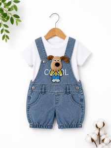 Set bebe baiat salopeta denim 2 piese – salopeta cu catel aplicat si tricou alb - Img 3