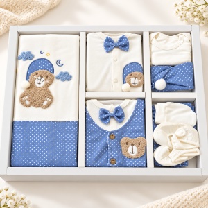 Set bebe baietel din bumbac 10 piese, alb si albastru, model cu ursulet - Img 2