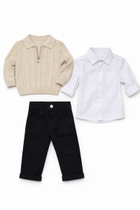 Set bebe baieti elegant camasa cardigan crem si pantaloni - Img 2