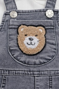 Set bebe baieti salopeta denim gri cu ursulet si bluza cu maneca lunga haine bebe - Img 5