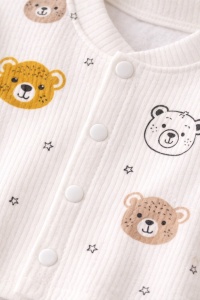 Set bebe bumbac 3 piese crem cu ursuleti bluza pantaloni si caciulita nou nascut - Img 2