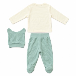 Set bebe din bumbac 3 piese crem si vernil cu ursulet, pantaloni raiati si botosei integrati - Img 3