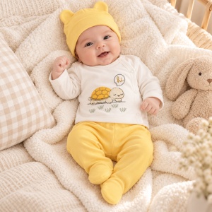 Set bebe din bumbac 3 piese cu broscuta testoasa, pantaloni cu botosei si caciulita galbena