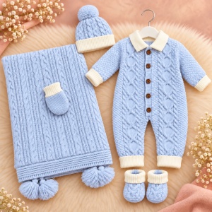 Set bebe din lana naturala, imblanit, salopeta, paturica, caciula, botosei si manusi, bleu