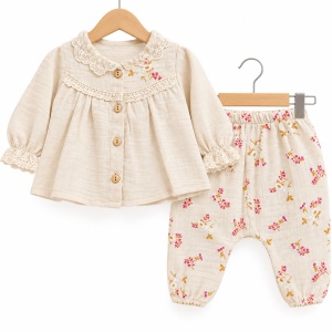 Set bebe din muselina 10 piese, crem cu imprimeu floral roz - Img 3