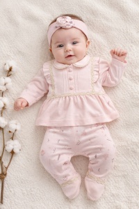 Set bebe fete 3 piese roz elegant bluza dantela pantaloni imprimati bentita