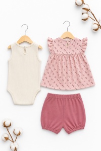 Set bebe fete 3 piese vara – body, bluza cu imprimeu si pantaloni scurti roz - Img 2
