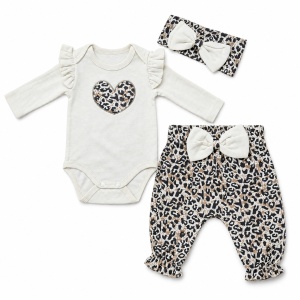 Set bebe fetita 3 piese din bumbac, body crem, pantaloni animal print si bentita - Img 3