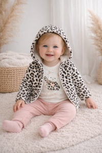 Set bebe fetita 3 piese din bumbac body pantaloni si hanorac cu gluga animal print