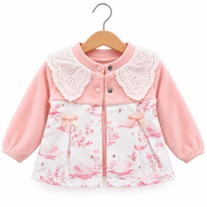 Set bebe fetita 3 piese din bumbac cu body lebada, cardigan catifelat si pantaloni roz - Img 6