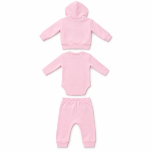 Set bebe fetita 3 piese din bumbac roz cu hanorac cu gluga body si pantaloni - Img 4