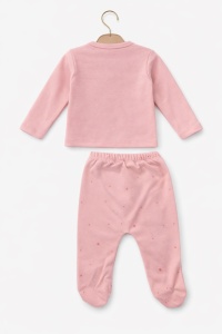 Set bebe fetita 3 piese roz bumbac bluza pantaloni cu botosei si caciulita - Img 4