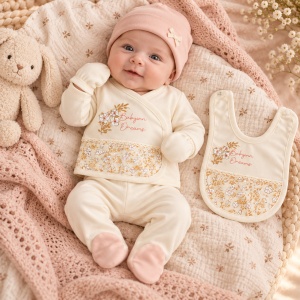 Set bebe fetita 5 piese bumbac 100%, bluzita, pantaloni, caciulita, bavetica si manusi