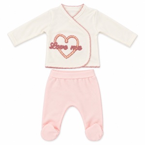 Set bebe fetita 5 piese bumbac crem si roz, Love Me, pantaloni cu botosei integrati - Img 5