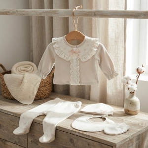 Set bebe fetita 5 piese din bumbac cu volane, dantela si imprimeu floral delicat - Img 2