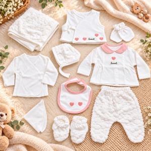 Set bebe fetita din bumbac 10 piese, alb cu roz, model inimioare Heart