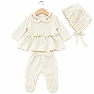 Set bebe fetita din bumbac 10 piese, crem, cu dantela si detalii florale - Img 3