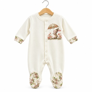 Set bebe fetita din bumbac 10 piese, crem cu imprimeu floral si iepuras - Img 3
