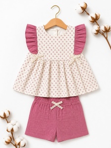 Set bebe fetita muselina 2 piese bluza cu volane si pantaloni scurti roz - Img 2