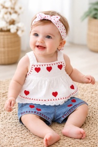 Set bebe fetita vara bluza alba inimioare rosii pantaloni scurti denim