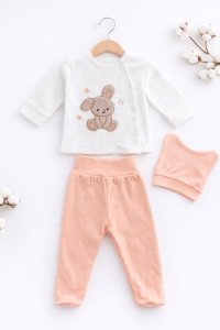 Set bebe fetite 3 piese bluza iepuras pantaloni piersica si caciulita - Img 2