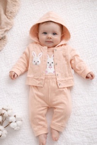 Set bebe fetite 3 piese piersica cu iepuras body pantaloni si hanorac cu gluga - Img 1