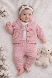 Set bebe fetite roz 3 piese body hanorac si pantaloni iepuras