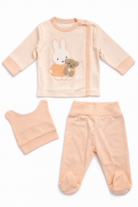 Set bebelus 3 piese bumbac cu iepuras bluza pantaloni caciula piersica - Img 2