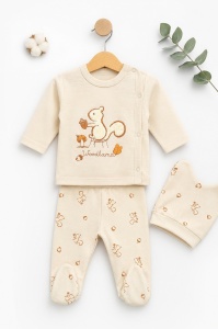 Set bebelusi 3 piese din bumbac cu caciulita, compleu crem woodland pentru nou nascut - Img 2