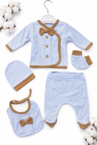 Set bebelusi 5 piese bleu cu maro bumbac premium nou nascut 0-3 luni elegant, fotografie de produs pe fundal alb