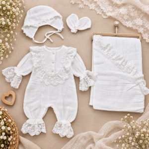 Set botez bebe premium din muselina alba 4 piese cu dantela – salopeta, paturica, boneta si manusi - Img 2