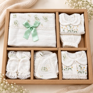 Set complet bebe din muselina 10 piese, imprimeu floral, alb cu verde - Img 2