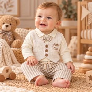 Set elegant bebe baieti din bumbac, bluza cu vesta, papion si pantaloni cu dungi, crem-bej