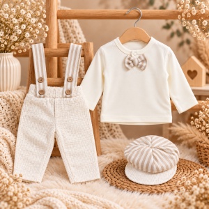 Set elegant bebe din bumbac, bluza cu papion, pantaloni cu bretele si sapca, crem - Img 2