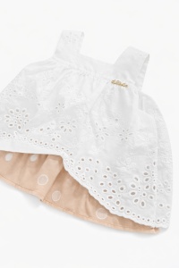 Set elegant fetite bluza brodata si fusta bej buline compleu copii, fotografie de produs pe fundal alb