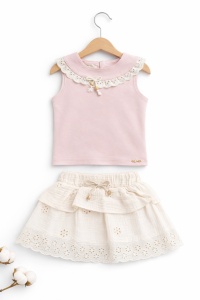 Set fetite vara top roz si fusta din muselina, cu dantela, elegant si lejer - Img 2