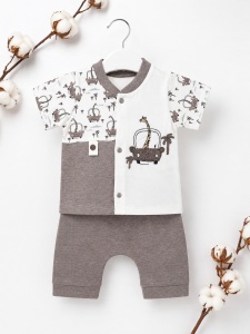 Set haine bebe baiat 2 piese bumbac premium – tricou cu capse si pantaloni cu girafa - Img 2
