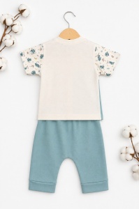 Set haine bebe baiat 2 piese bumbac premium – tricou cu capse si pantaloni albastri cu maimuta - Img 3
