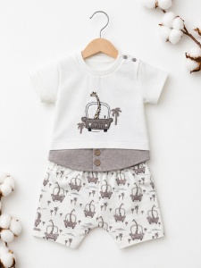 Set haine bebe baiat 2 piese bumbac premium – tricou si pantaloni scurti cu imprimeu girafa - Img 2