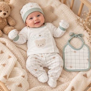 Set haine bebe baietel 5 piese din bumbac, model ursulet, alb-verde