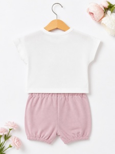 Set haine bebe fete 2 piese bumbac – tricou floral si pantaloni scurti roz - Img 3