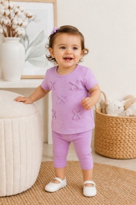 Set haine bebe fete 2 piese bumbac premium – tricou si pantaloni colanti mov cu fundite