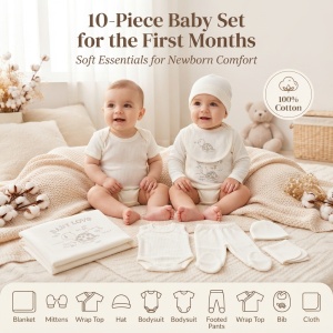 Set nou nascut 10 piese bumbac alb Baby Love, body, pantaloni, paturica si accesorii - Img 6