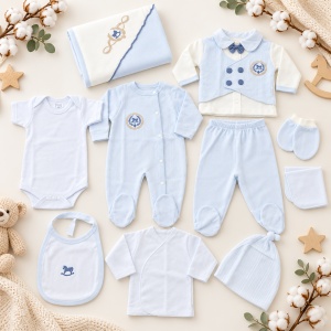 Set nou nascut 10 piese bumbac bleu alb cu salopeta, compleu elegant, paturica si accesorii