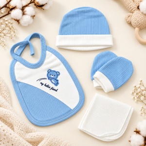 Set nou nascut 10 piese bumbac, bleu alb, ursuleti, paturica, body si accesorii bebe - Img 5