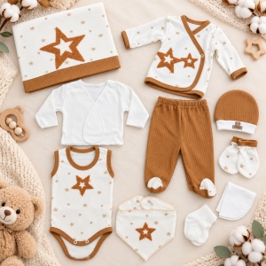 Set nou nascut 10 piese bumbac organic, alb maro, stelute, paturica si accesorii