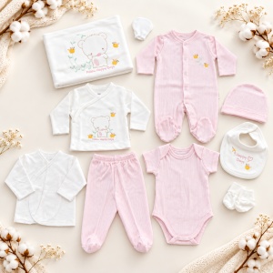 Set nou nascut 10 piese bumbac roz alb cu ursulet, paturica, salopeta, body si accesorii