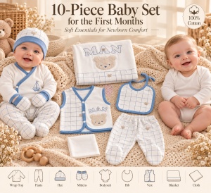 Set nou nascut 10 piese din bumbac, alb albastru, ursulet, carouri, paturica si accesorii - Img 6