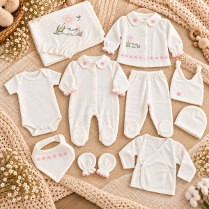 Set nou nascut 10 piese din bumbac alb cu floricele roz, body, salopeta si paturica
